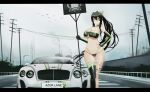  1girl absurdres alternate_costume alternate_hairstyle azur_lane bentley bentley_continental_gt bikini bird black_hair bow breasts car chimney cleavage copyright_name cowboy_shot elbow_gloves gloves green_eyes green_nails ground_vehicle hair_bow hair_ribbon highres indomitable_(azur_lane) kcar66t large_breasts license_plate long_hair motor_vehicle ponytail product_placement race_queen ribbon road royal_navy_(emblem) see-through sign swimsuit thighhighs underboob very_long_hair 