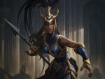  1girl armor bare_shoulders breastplate brown_hair dark-skinned_female dark_skin helmet holding holding_polearm holding_weapon kalista league_of_legends long_hair looking_at_viewer official_art pants parted_lips polearm red_eyes ruination:_a_league_of_legends_novel solo_focus teeth weapon 