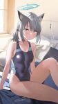  1girl :o animal_ear_fluff animal_ears arm_support blue_archive blush breasts competition_swimsuit covered_navel grey_hair half-closed_eyes halo highres indoors knee_up looking_at_viewer medium_breasts on_bed one-piece_swimsuit shiroko_(blue_archive) shiroko_(swimsuit)_(blue_archive) side_ponytail sitting skin_tight solo subachi sunlight swimsuit 