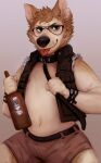  absurd_res alcohol anthro arm_hair aviators bedlettuce beverage black_belt black_eyes black_nose blonde_hair body_hair bottomwear brown_bottomwear brown_clothing brown_pants canid canine canis clock clothed clothing domestic_dog english_text fur grin hair hand_on_leash harness hi_res holding_object leash male mammal nipples pants shorts simple_background smile smug solo tan_background text tongue tongue_out topless topwear vest watch yellow_body yellow_fur 