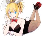  1girl alternate_costume animal_ears ass bangs bare_shoulders black_leotard blonde_hair blue_eyes bow bowtie breasts closed_mouth detached_collar dr._stone fake_animal_ears fake_tail fishnet_legwear fishnets high_heels kohaku_(dr._stone) leotard looking_at_viewer lying maru_(pixiv51714255) medium_breasts on_stomach pantyhose playboy_bunny rabbit_ears rabbit_tail simple_background smile solo strapless strapless_leotard tail white_background wrist_cuffs 