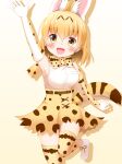  1girl :d absurdres animal_ear_fluff animal_ears arm_up bangs bare_shoulders blonde_hair blush bow breasts brown_background brown_eyes commentary_request elbow_gloves gloves hair_between_eyes highres kemono_friends long_hair looking_at_viewer medium_breasts serval_(kemono_friends) shin01571 shirt shoes skirt sleeveless sleeveless_shirt smile solo standing standing_on_one_leg tail thighhighs white_footwear white_gloves white_shirt yellow_bow yellow_gloves yellow_legwear yellow_skirt 