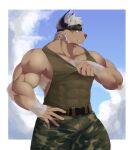  abs accessory anthro bottomwear bovid bovine brown_body brown_fur camo camo_bottomwear camo_clothing camo_print cattle clothing eggplant_nacl fur hair headband hi_res horn lifewonders male mammal muscular muscular_anthro pattern_bottomwear pattern_clothing pecs shennong shirt solo tank_top tokyo_afterschool_summoners topwear video_games white_hair 
