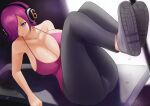  1girl absurdres amemuchizakuro arms_at_sides bangs bare_shoulders black_pants blue_eyes breasts cleavage collarbone dress dripping exercise hair_over_one_eye headset highres large_breasts leg_lift legs_up looking_to_the_side lying on_back one_piece pants pink_hair pink_tank_top shoes short_hair sweat sweaty_clothes tank_top turning_head vinsmoke_reiju workout_clothes 