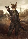 2022 5_fingers absurd_res anthro bethesda_softworks bottomwear clothing detailed_background fallout fingers fur gun hi_res inner_ear_fluff male pants pgm300 ranged_weapon signature solo tuft unknown_species video_games weapon 