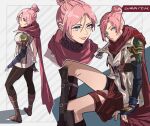  1girl apex_legends black_gloves black_legwear black_shorts blue_eyes breasts cosplay elbow_gloves final_fantasy final_fantasy_xiii fingerless_gloves gloves hair_behind_ear hair_between_eyes hair_bun head_tilt highres jacket lightning_farron lightning_farron_(cosplay) looking_at_viewer medium_breasts multiple_views pantyhose parted_lips red_scarf scarf shorts single_elbow_glove sitting sleeveless sleeveless_jacket smile thigh_strap thundergotch white_jacket wraith_(apex_legends) 