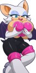  anthro big_breasts blue_eyes boots breast_grab breasts chiropteran cleavage clothed clothing female footwear gloves hand_on_breast handwear high_heeled_boots high_heels huge_breasts mammal membrane_(anatomy) membranous_wings mikeinel open_mouth open_smile rouge_the_bat sega simple_background smile solo sonic_the_hedgehog_(series) thick_thighs wide_hips wings 