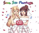  2boys :d ^_^ blonde_hair blue_eyes brown_hair closed_eyes couple dress english_text happy highres hinghoi husband_and_husband light_blush long_hair male_focus mars_symbol multiple_boys off-shoulder_dress off_shoulder open_mouth original otoko_no_ko petals ponytail sketch smile wedding_dress white_dress yaoi 