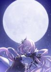  1girl :d bangs black_gloves closed_eyes elbow_gloves elf elysia_(honkai_impact) full_moon gloves hair_ornament honkai_(series) honkai_impact_3rd moon night night_sky open_mouth outdoors pink_hair pointy_ears ponytail sky smile soha_ez solo star_(sky) 