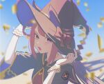  1girl :o animal_ears black_robe blurry bow brown_hair chromatic_aberration commentary_request confetti depth_of_field film_grain gloves hair_rings hands_on_headwear hat hat_bow highres horse_ears horse_girl kadokura_(sushiu_max) long_hair looking_at_viewer open_mouth purple_eyes robe short_sleeves solo sweep_tosho_(umamusume) twitter_username umamusume upper_body v-shaped_eyebrows white_gloves wide_sleeves witch_hat 