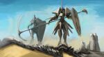  absurdres dashimaki_(dasimakitama50) highres holding holding_scythe holding_shield mecha no_humans original robot science_fiction scythe shield sketch sky solo_focus walking 