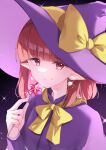  1girl absurdres ameria_(artist) bow bowtie capelet closed_mouth commentary_request dress earrings happy hat hat_bow highres holding holding_wand jewelry kirisame_marisa kirisame_marisa_(pc-98) looking_at_viewer pointy_ears purple_capelet purple_dress purple_headwear red_eyes red_hair short_hair smile star_wand story_of_eastern_wonderland touhou touhou_(pc-98) upper_body wand witch witch_hat yellow_bow yellow_bowtie 