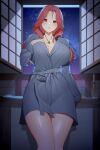  1girl absurdres bangs bathrobe blush breasts cleavage collarbone hand_on_own_chest highres huge_breasts indoors jewelry long_hair looking_at_viewer migu_(iws2525) moon moonlight necklace night night_sky original red_eyes red_hair sky solo star_(sky) starry_sky thighs window 