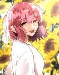  1girl bangs blurry blurry_background bow brown_eyes commentary exa_(koyuru) flower hair_between_eyes hair_bow highres kohaku_(tsukihime) looking_at_viewer open_mouth red_hair shirt short_hair short_sleeves smile solo sunflower t-shirt tsukihime upper_body white_bow white_shirt yellow_flower 