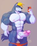  2022 abs anthro balls big_muscles big_penis bodily_fluids canid canine canis clothed clothing dripping erection facial_hair genital_fluids genitals hi_res humanoid_genitalia humanoid_penis male mammal muscular muscular_anthro muscular_male nipples partially_clothed pecs penis phone precum precum_drip simple_background solo thick_penis underwear underwear_down vein veiny_penis wolf wolfyama 