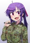  1girl bangs blush breasts camouflage commentary_request ebisuzawa_kurumi fang fuka_(kantoku) gakkou_gurashi! green_shirt highres holding holding_shovel long_hair looking_at_viewer medium_breasts military military_uniform name_tag open_mouth purple_hair shirt shovel smile solo twintails uniform upper_body 