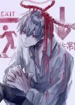  1boy arrow_(symbol) blood closed_mouth collarbone dark_halo dripping exit_sign fingernails grey_hair hair_between_eyes halo highres male_focus noose original own_hands_together red_eyes red_rope rope sign solo taiyakitarou 