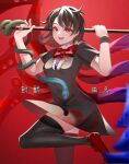  1girl :d asymmetrical_wings bangs black_hair black_legwear blue_wings bow bowtie center_frills footwear_bow frills guumin highres holding holding_polearm holding_weapon houjuu_nue leg_up looking_at_viewer nue_day open_mouth polearm red_background red_bow red_bowtie red_eyes red_footwear red_wings short_hair short_sleeves simple_background smile snake_armband solo thighhighs touhou weapon wings wristband 