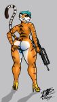 absurd_res anthro assault_rifle backsack balls big_butt blue_hair butt eyewear famas felid genitals girly glasses green_eyes gun hair hi_res high_heels lips makeup male mammal pantherine presenting presenting_hindquarters raised_tail ranged_weapon rear_view rifle solo striped_body stripes thick_bottom_lip thick_thighs tiger victhetiger victor_alice_reed weapon 