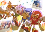  1girl 3boys :d absurdres amy_rose arms_behind_head arms_up black_eyes camera closed_eyes commentary_request confetti dress fang gloves green_shirt highres holding holding_camera hyeon_sonic knuckles_the_echidna multiple_boys open_mouth photo_(object) shirt smile sonic_(series) sonic_the_hedgehog sonic_the_hedgehog_(classic) tails_(sonic) white_gloves 