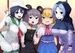  4girls alice_margatroid anchor_symbol animal_ears bangs black_hair blonde_hair blue_dress blue_eyes blue_hood blush breasts capelet cleavage colored_skin commentary_request cookie_(touhou) cowboy_shot crystal dress flour_(cookie) fuka_(kantoku) grey_hair grey_skirt grey_vest hairband hat highres holding_hands hood hood_up ichigo_(cookie) jewelry kumoi_ichirin large_breasts leaning_forward light_blue_hair long_sleeves looking_at_viewer milk_(cookie) mouse_ears mouse_girl mouse_tail multiple_girls murasa_minamitsu nazrin neckerchief necktie nyon_(cookie) open_mouth pendant purple_dress purple_eyes red_eyes red_hairband red_neckerchief red_necktie red_sash sailor_collar sailor_hat sash shirt short_hair shorts skirt skirt_set smile tail touhou v vest white_capelet white_headwear white_shirt white_shorts white_skin 