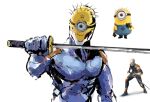  1boy crossover cyborg_ninja despicable_me english_commentary goggles helmet highres holding holding_sword holding_weapon katana male_focus metal_gear_(series) minion_(despicable_me) one-eyed reference_inset rythayze sketch solo_focus sword trait_connection weapon white_background 