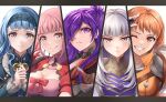  5girls :q blue_hair breasts cleavage cleavage_cutout clothing_cutout earrings fingerless_gloves fire_emblem fire_emblem:_three_houses fire_emblem_warriors:_three_hopes gloves grey_eyes grey_hair hairband hilda_valentine_goneril jewelry leonie_pinelli lysithea_von_ordelia marianne_von_edmund multiple_girls one_eye_closed orange_eyes orange_hair pink_eyes pink_hair purple_eyes purple_hair red_gloves shez_(fire_emblem) shez_(fire_emblem)_(female) sword ten_(tenchan_man) tongue tongue_out weapon 
