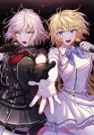  2girls absurdres bangs blonde_hair blue_eyes blush breasts fate/apocrypha fate/grand_order fate_(series) gloves grey_hair highres holding holding_microphone jeanne_d&#039;arc_(fate) jeanne_d&#039;arc_(ruler)_(fate) jeanne_d&#039;arc_alter_(avenger)_(fate) jeanne_d&#039;arc_alter_(fate) large_breasts long_hair long_sleeves looking_at_viewer microphone multiple_girls music nipi27 open_mouth short_hair singing smile sweat very_long_hair yellow_eyes 