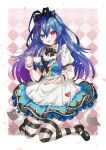  1girl alice_(alice_in_wonderland) alice_(alice_in_wonderland)_(cosplay) blue_eyes blue_hair bow colored_tips commission cosplay cup dress hair_bow heterochromia indie_virtual_youtuber long_hair looking_at_viewer multicolored_hair purple_eyes purple_hair shione_(memento_forest) skeb_commission solo striped striped_legwear teacup thighhighs virtual_youtuber yorisaka_lemay 