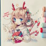  1girl anny_(yoai) antlers artist_name bangs bell blue_bow blue_eyes blunt_bangs blush bow braid brown_bow brown_hair candy candy_cane christmas collar collared_shirt commentary cookie crossed_bangs eating english_commentary english_text fang foliage food frilled_collar frills gift gingerbread_man gradient_eyes hair_bell hair_bow hair_intakes hair_ornament hairstyle_request hand_up hatching_(texture) heart highres holding holding_cookie holding_food holding_gift instagram_username leaf_hair_ornament linear_hatching marker marker_(medium) multicolored_eyes open_mouth original patch pen_(medium) photo_(medium) reindeer_antlers shirt sidelocks solo split_mouth star_(symbol) star_hair_ornament string_lights thick_eyebrows traditional_media upper_body watermark white_shirt yellow_eyes 