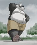  anthro badger barefoot belly bottomwear claws clothing dj-rodney feet foot_fetish forest hi_res male mammal mustelid musteline overweight overweight_anthro overweight_male pawpads plant shorts soles solo tree ursid 