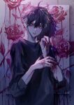  1boy ahoge black_hair bleeding blood blood_on_arm blood_on_clothes blood_on_hands blood_on_wall blood_stain canvas_(object) dripping flower hair_between_eyes highres looking_at_viewer male_focus original painting_(object) parted_lips red_eyes red_flower red_rose rose self_harm solo taiyakitarou 