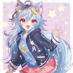  1girl animal_ears arcadia_zero blue_hair blue_hoodie blue_jacket blush commission crescent crescent_hair_ornament crescent_moon fox_ears fox_girl fox_tail hair_ornament hood hoodie indie_virtual_youtuber jacket long_hair long_sleeves looking_at_viewer moon open_mouth pink_skirt purple_eyes shione_(memento_forest) skeb_commission skirt smile solo star_(symbol) starry_background tail virtual_youtuber 