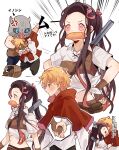  1girl 2boys agatsuma_zenitsu anger_vein armor arrow_(symbol) baguette bangs basket black_hair blank_eyes blonde_hair boar_mask bread brown_gloves capelet chest_guard chibi collared_shirt cosplay cropped_torso cross-laced_clothes crying crying_with_eyes_open eiko_znnz emphasis_lines fang_necklace fingerless_gloves food gloom_(expression) gloves gun hair_ribbon hand_on_hip hashibira_inosuke hetero highres holding_hands hood hood_down hooded_capelet hug hunter_(little_red_riding_hood) hunter_(little_red_riding_hood)_(cosplay) kamado_nezuko kimetsu_no_yaiba leather leather_armor leather_gloves little_red_riding_hood little_red_riding_hood_(grimm) little_red_riding_hood_(grimm)_(cosplay) long_hair long_sleeves looking_at_another midriff mouth_hold multicolored_hair multiple_boys multiple_views pants pelt picnic_basket pink_hair pink_ribbon ponytail profile red_capelet ribbon rifle shirt short_hair short_sleeves sidelocks simple_background spoken_hand streaked_hair tears tied_shirt topless_male translation_request weapon weapon_on_back white_background white_shirt 