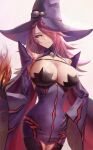  1girl armpits bare_shoulders bent_over black_legwear black_sclera blazblue breasts cape cleavage closed_mouth colored_sclera detached_sleeves dress eyelashes fire flame grey_background hair_over_one_eye hand_on_hip hat highres kaeru_(meriruou) konoe_a._mercury large_breasts long_hair long_sleeves looking_at_viewer magic pink_hair purple_dress shaded_face short_dress simple_background smile solo thighhighs wide_sleeves witch witch_hat yellow_eyes 