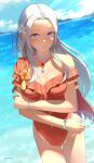  1girl absurdres bare_shoulders blue_sky breasts capelet cleavage cloud collarbone covered_navel edelgard_von_hresvelg fire_emblem fire_emblem:_three_houses fire_emblem_heroes flower groin hair_flower hair_ornament hair_ribbon highres jewelry long_hair medium_breasts necklace official_alternate_costume one-piece_swimsuit parupome pendant purple_eyes red_capelet red_swimsuit ribbon sky solo star_(symbol) swimsuit water white_hair wristband 