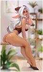  absurd_res animal_humanoid big_butt blurred_background bottomless butt cinderone clothed clothing female grey_hair hair hi_res humanoid long_hair nipples solo 