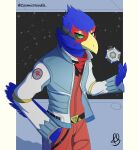  2022 absurd_res anthro avian beak belt bird blue_body bottomwear clothing cosmic_noodle digital_drawing_(artwork) digital_media_(artwork) falco_lombardi falcon falconid feathers gun_holster hi_res holster jacket looking_at_viewer male multicolored_body nintendo scarf shaded signature simple_background solo star_fox topwear video_games visor 