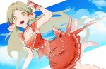  1girl bow breasts choker cloud dress dress_bow green_eyes green_hair hair_bow handa_roco highres idolmaster idolmaster_million_live! idolmaster_million_live!_theater_days long_hair looking_at_viewer low_twintails open_mouth red_bow red_choker red_dress red_footwear sky small_breasts solo twintails very_long_hair yagita_(astronomie) 