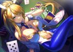  1girl animal_ears artoria_pendragon_(fate) artoria_pendragon_(swimsuit_ruler)_(fate) between_breasts blonde_hair blue_legwear blue_necktie breasts card card_between_breasts casino_card_table closed_mouth clothing_cutout crossed_legs detached_collar fake_animal_ears fate/grand_order fate_(series) fishnet_legwear fishnets from_above green_eyes hair_between_eyes large_breasts leotard long_hair looking_at_viewer navel necktie playboy_bunny poker_chip ponytail rabbit_ears short_necktie sitting sitting_on_table smile solo stomach_cutout unowen white_leotard wrist_cuffs 