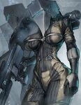  3girls armor bodysuit breasts commentary corpus covered_nipples cowboy_shot english_commentary gloves gun helmet highres holding holding_gun holding_weapon juerucj large_breasts multiple_girls rifle science_fiction skindentation warframe weapon 