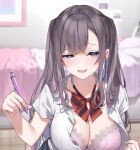  1girl absurdres bed black_hair blush bow bowtie bra breasts cleavage collarbone fang gradient_hair hair_between_eyes highres holding holding_pen large_breasts long_hair multicolored_hair original pen sitting skirt takeko_spla unbuttoned unbuttoned_shirt underwear uniform 