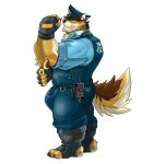  anthro barrel_(live-a-hero) big_bulge blush bulge canid canine canis chan_kiti_chan_(artist) clothing fingerless_gloves furgonomic_footwear furgonomics gloves handwear hi_res huge_bulge hyper hyper_bulge lifewonders live-a-hero male mammal muscular muscular_anthro muscular_male police police_officer police_uniform solo uniform video_games wolf 