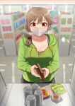  1girl braid breasts brown_hair can casual cleavage collarbone convenience_store food green_hoodie green_jacket hair_between_eyes hair_over_shoulder highres hood hoodie idolmaster idolmaster_shiny_colors indoors jacket kamille_(vcx68) long_hair long_sleeves mask medium_breasts mouth_mask red_eyes red_scrunchie scrunchie senkawa_chihiro shop shopping single_braid soda_can solo square_neckline wallet 