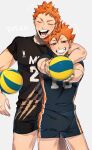  2boys age_comparison arm_around_neck ball brown_eyes closed_eyes commentary_request dated dual_persona grey_background grin haikyuu!! highres hinata_shouyou holding holding_ball looking_at_viewer multiple_boys obakegm older open_mouth orange_hair smile sportswear time_paradox volleyball volleyball_uniform 