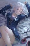  1girl absurdres bare_legs bed black_shirt blue_eyes blue_jacket blush cellphone collarbone hair_between_eyes headphones headphones_removed highres holding holding_hair indoors jacket long_hair long_sleeves looking_at_viewer lying on_back on_bed parted_lips phone project_sekai shirt short_shorts shorts sidelocks sleeves_past_wrists smartphone solo t-shirt thighs unzipped white_hair yoisaki_kanade yool_a_ran 