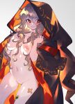  1girl absurdres bandaid bandaid_on_face blush cloak commission commissioner_upload dungeon_and_fighter highres ikki_the_vikki long_hair negiwo nude open_mouth red_eyes skeb_commission solo sticker_on_leg teeth upper_body 
