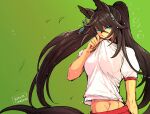  1girl animal_ears arm_at_side bangs breasts brown_hair covering_mouth green_background green_eyes hair_ornament hi_(ibisf5umauma) horse_ears horse_girl horse_tail long_hair looking_at_viewer medium_breasts shirt short_sleeves simple_background solo sweatdrop symboli_kris_s_(umamusume) tail twitter_username umamusume upper_body white_shirt wiping_sweat 