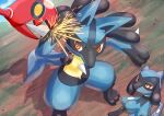  absurdres battle commentary_request day evolutionary_line furry hatoro_kuroyoshi highres lucario outdoors pokemon pokemon_(creature) red_eyes riolu scizor spikes standing yellow_fur 