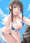  bare_shoulders beach bikini blue_bikini blue_swimsuit blush breasts brown_eyes brown_hair cloud collarbone highres kitano_(zekkyon) large_breasts looking_at_viewer low_ponytail one_eye_closed open_mouth original ponytail pov rock solo string_bikini swimsuit zekkyon 